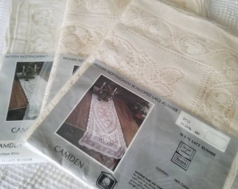 Sale Vintage lace runner Sears table linen granny chic shabby chic cottage core, NIP NOS, floral, new unused, 16 x 72, antique white, cotton