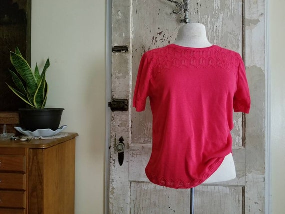 smithhousecollective Vintage Knit Sweater, Alfred Dunner, Small, Short Sleeves, Red, Scoop Neck, Sweater Shirt, Pullover Top, 90s, Oversized, Baggy, Granny Chic