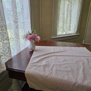 Vintage tablecloth, pink handmade square embroidered applique floral bouquet Victorian shabby granny chic grandmillennial cottagecore linen