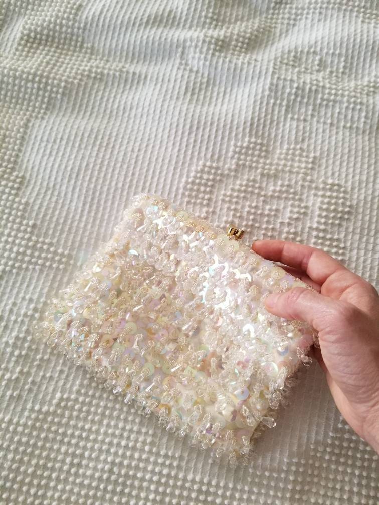 Vintage 70's/80's White Beaded Purse with Gold Chain by La Regale Ltd. |  Shop THRILLING