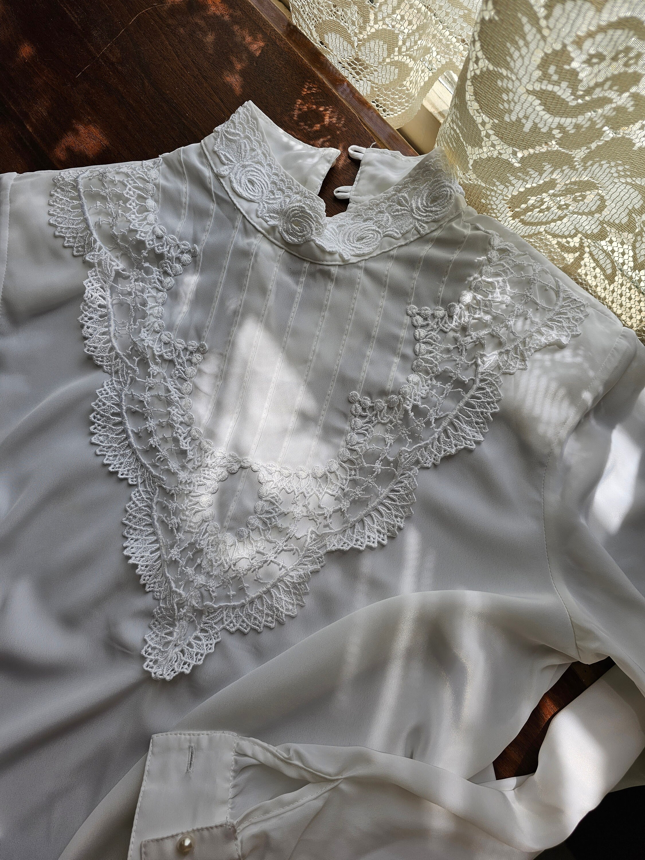 Vintage Blouse, Eva Laurel Petite 8 White Long Sleeve 80s