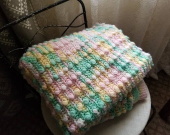 Sale Vintage baby blanket pastel handmade crochet popcorn, green, pink, gender neutral, rainbow, white, infant, newborn, crib bedding, throw