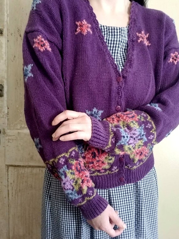 romantic Floral cardigan vintage cardigan floral print Black vintage sweater womens cotton sweater Small or petite sweater jacket