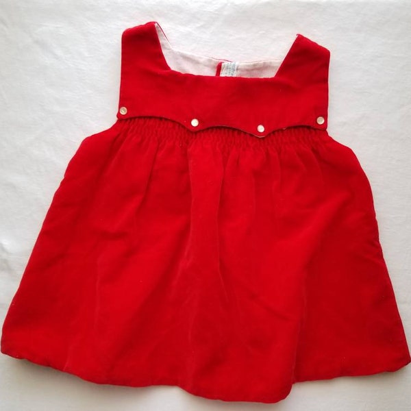 Sale Vintage Red Velvet Infant Dress Cherub Dress 18 mo Vintage Cotton Dress / Valentine's Dress / Christmas Dress / Smocked Pinafore Dress