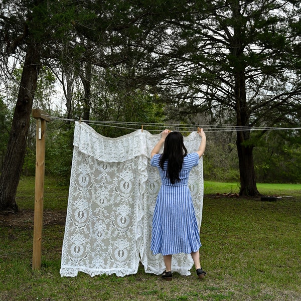 Vintage shower curtain white lace floral split tiered swag ruffled romantic cottagecore Victorian style country farmhouse granny shabby chic