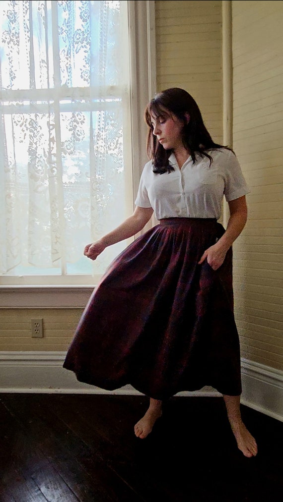 Vintage skirt, plaid brown navy burgundy waistband