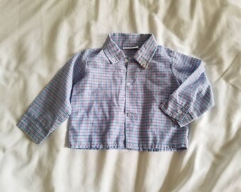 Sale Vintage Baby Button Down Shirt / Petit Jouet / Long Sleeve Shirt / Collared Shirt / Blue Plaid / Stripes / 3-6 months / Red Line