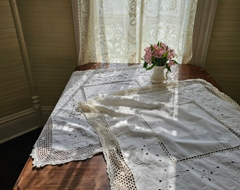 Vintage tablecloth, white square crochet embroidered floral cutwork lace small cotton granny grandmillennial Victorian country farmhouse