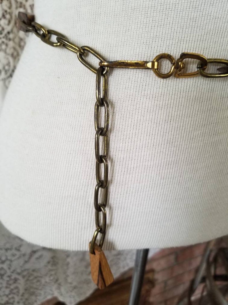 Vintage Wooden Adjustable Belt Wood Beads Metal Links 70s Belt Hippie Boho Bohemian Link Belt Tassel Belt Disco Queen