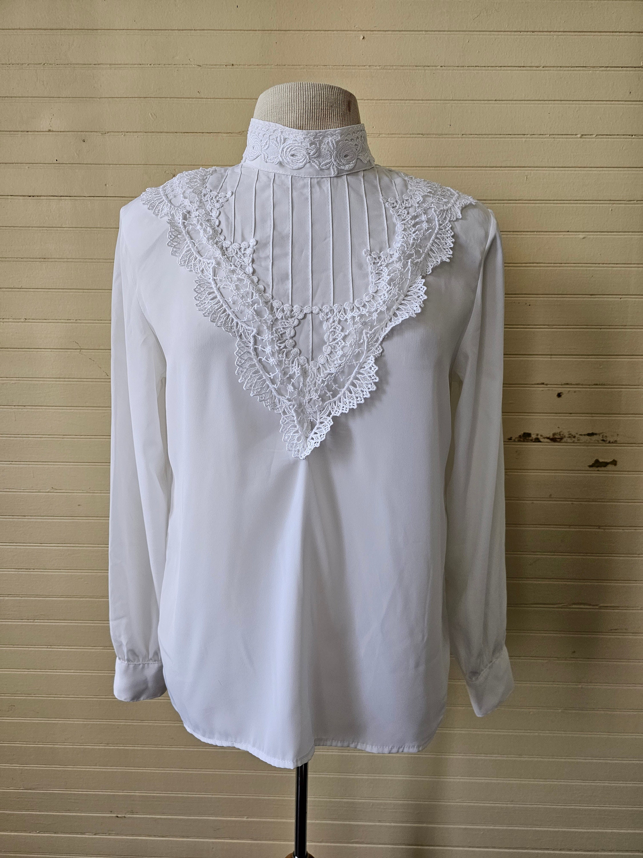 Vintage Blouse, Eva Laurel Petite 8 White Long Sleeve 80s