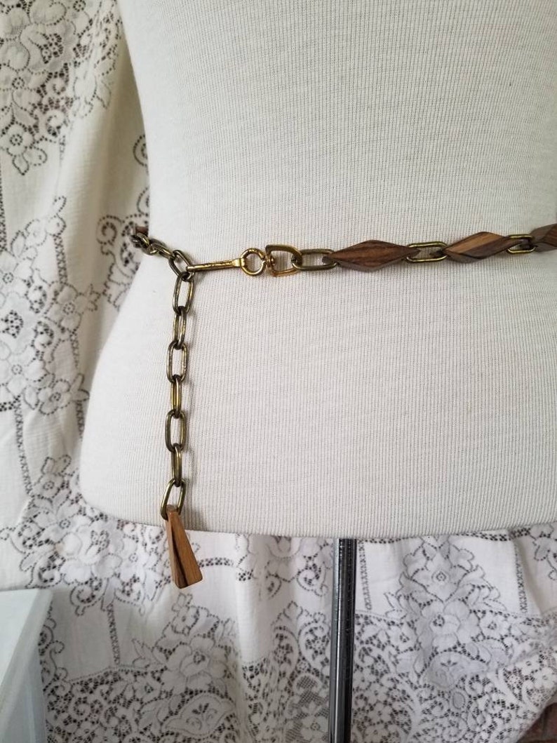 Vintage Wooden Adjustable Belt Wood Beads Metal Links 70s Belt Hippie Boho Bohemian Link Belt Tassel Belt Disco Queen
