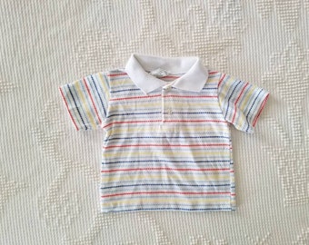 Sale Vintage Infant Stripe Shirt Royal Heir 18 months Collared / Short Sleeves / Red / Yellow / Blue / White / Cotton Knit / Unisex Tee