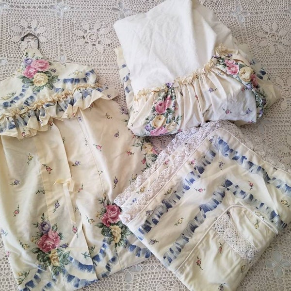 Sale Vintage nursery set handmade floral baby infant newborn, diaper stacker, blanket, crib skirt, bedding, decor, girl, pink, beige, shabby