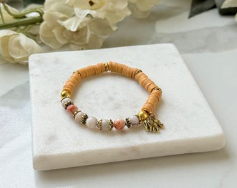 Pulseira Boho de Jaspe com Veias Vermelhas: Contas de Disco de Argila e Borracha