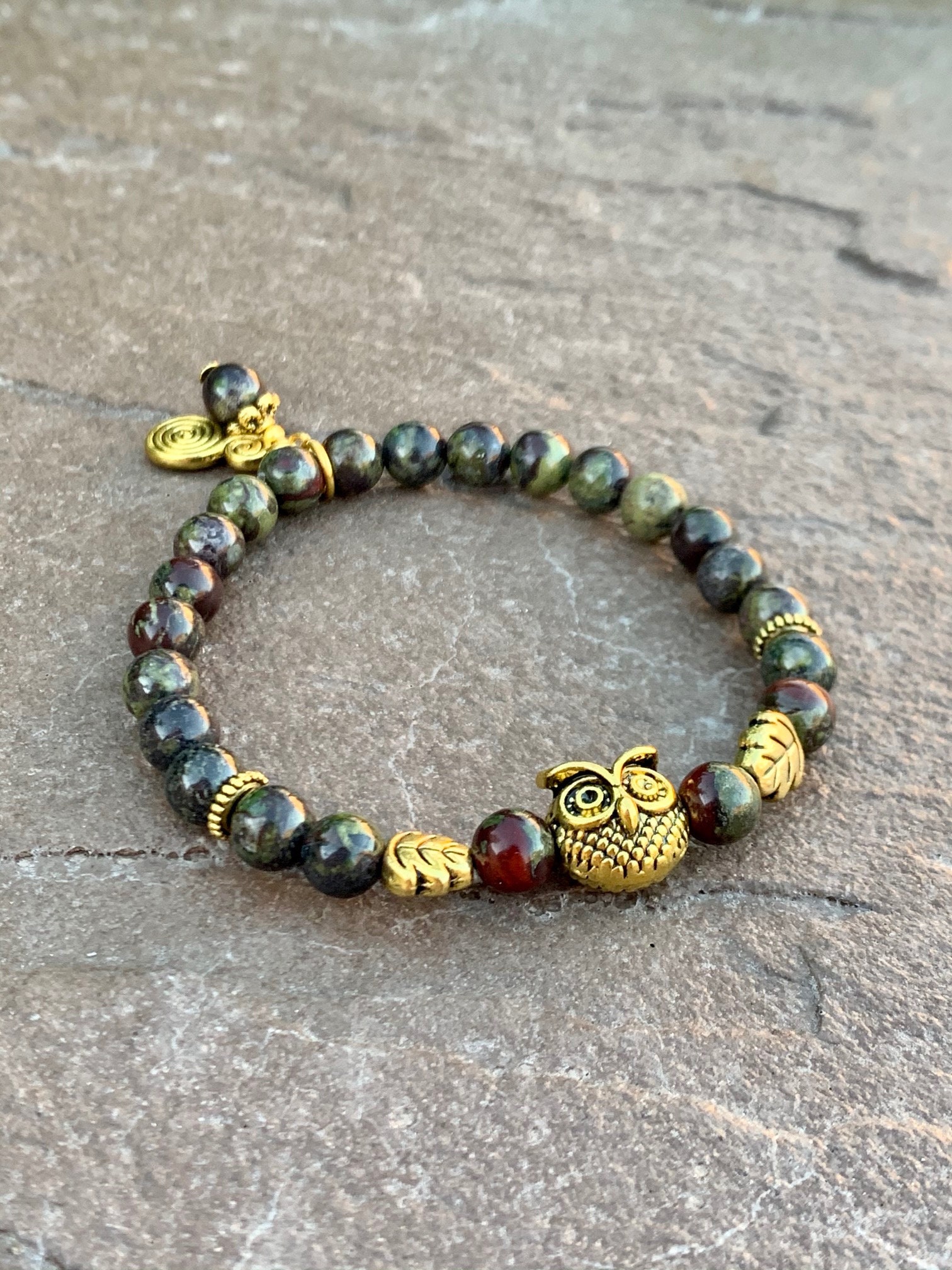 Bloodstone Beaded Stretch Bracelet: Boho Owl Charm, Healing Gemstones