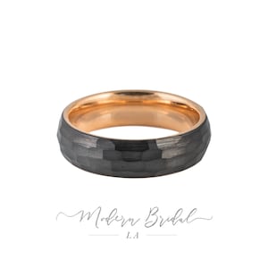 LAZARE: 6mm Hammered Tungsten Carbide Unisex Band, Brushed Black with Rose Gold* Interior, Men&#39;s Ring, His and Hers, Comfort Fit
