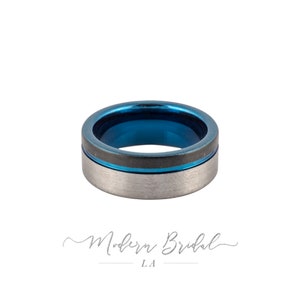 ISLES: 8mm Tungsten Carbide Unisex Band, Brushed Black and Silver* with Blue Inlay. Comfort and Smooth Fit Wedding Band, Men & Women&#39;s Ring