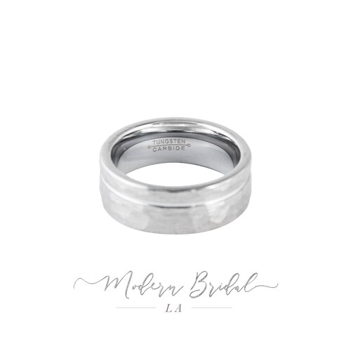 ZACHARY: 8mm Tungsten Carbide Unisex Hammered Silver* shops Band with Silver* Interior and Stripe, Wedding Band, Comfort Fit, His and Hers