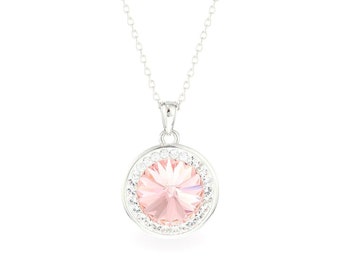 Light Pink Necklace • Sparkly Pink Crystal Necklace • Round Necklace • Sterling Silver • Handmade Gift for Her