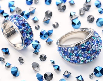 Bague en cristal bleu saphir Swarovski • Bague en acier inoxydable 316L pour femme • Bague Swarovski • Bague multi-pierres scintillantes • Bijoux faits main