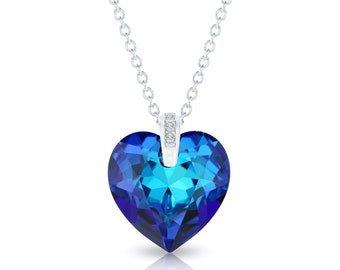 Swarovski Blue Heart Necklace • Sparkly Crystal Heart Pendant • 925 Sterling Silver Necklace • Handmade Gift for Her