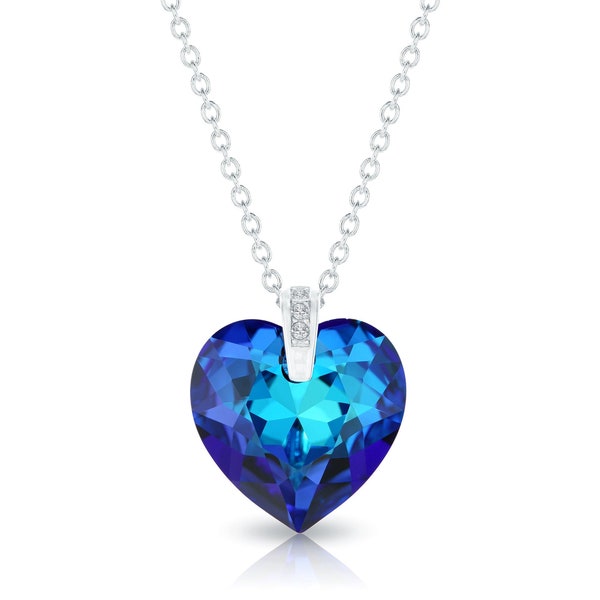 Collier Swarovski Blue Heart • Pendentif cœur en cristal étincelant • Collier en argent sterling 925 • Cadeau fait à la main pour elle