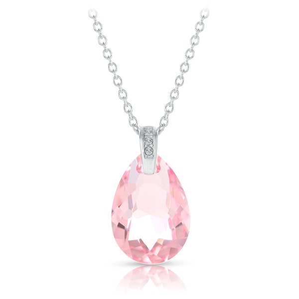 Swarovski Pink Teardrop Necklace for Women • 925 Sterling Silver Necklace • Geometric Sparkly Crystal Tear Drop Necklace