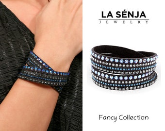 Bracciale multi wrap Swarovski • Bracciale multistrato nero • doppio braccialetto avvolgente • Bracciale in cristallo blu scintillante • Bracciale a fiocco