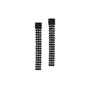 May include: A pair of long black dangle earrings with a square crystal at the top and a chain of smaller crystals hanging down.