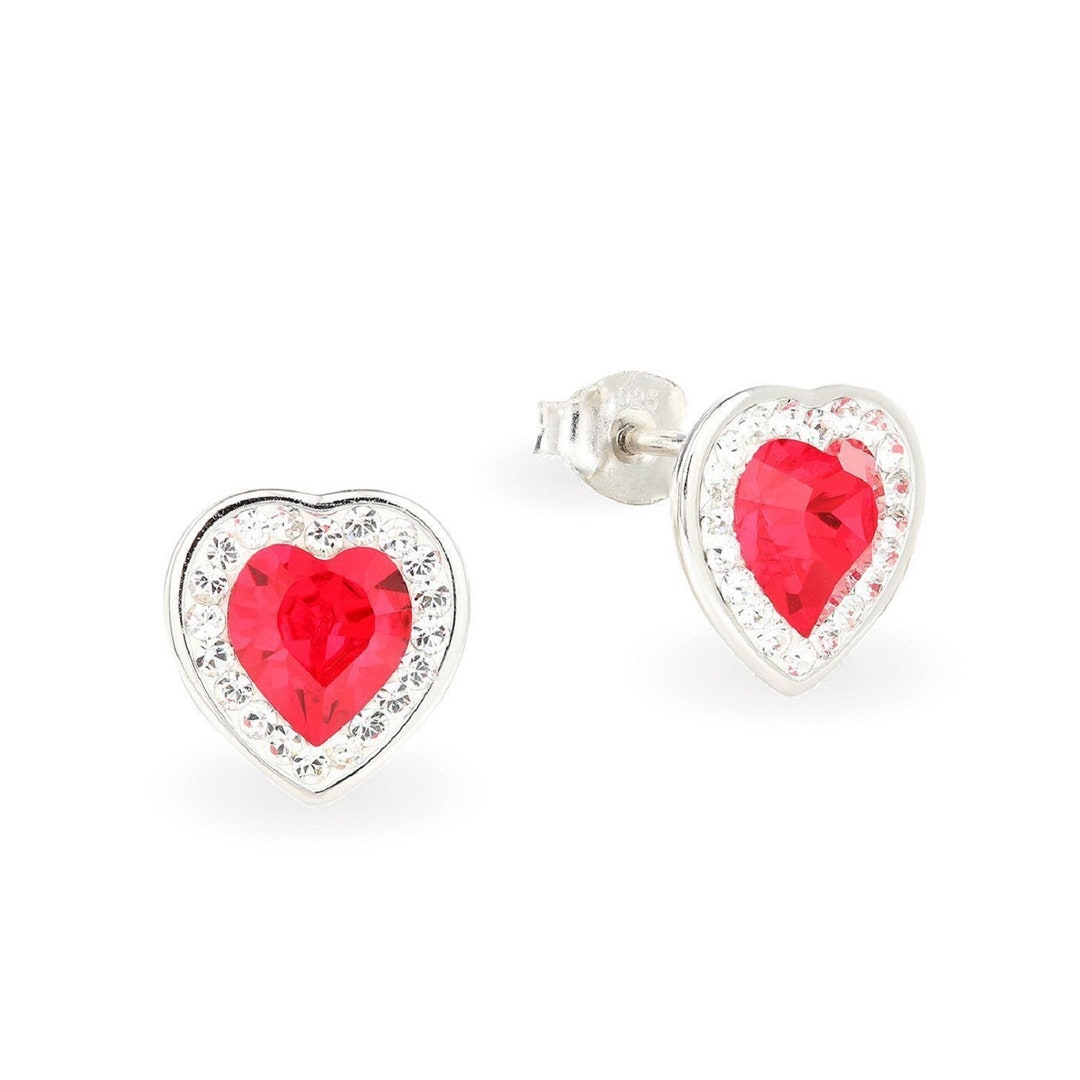 Red Heart Stud Earrings Silver Red Crystal Heart Earrings Heart Shaped Earrings Swarovski