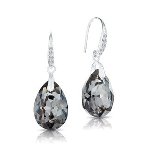 Swarovski Sparkly Black Crystal Teardrop Earrings for Women • Drop Geometric Pear Earrings • 925 Sterling Silver Earrings • Handmade