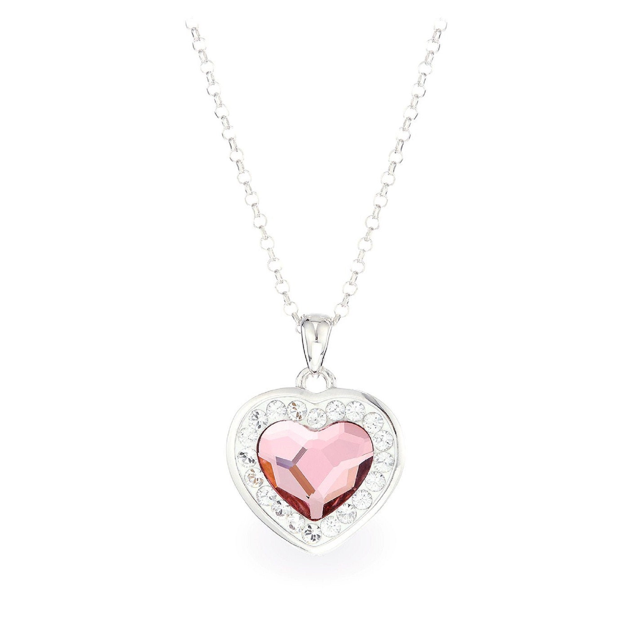 AVORA 10K Yellow Gold Pink Swarovski Crystal Elements Heart Pendant Necklace  with 18