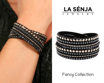 Schwarzes Wickelarmband mit glitzernden Rose Gold Kristallen • Doppelwickelarmband • Verstellbares Armband • Slake Armband • Handgefertigt