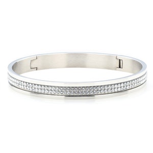 May include: A silver bangle bracelet with a double row of clear crystal accents.