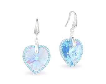 Orecchini pendenti a forma di cuore in acquamarina • Orecchini a forma di cuore azzurro • Argento sterling • Orecchini a forma di cuore scintillanti • Fatti a mano