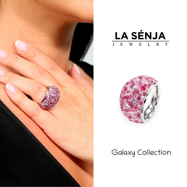 Bague rose Swarovski • Bague en acier inoxydable 316L pour femme • Bague en cristal scintillant • Bague multi-pierres • Bague tendance • Ensemble de bijoux faits à la main