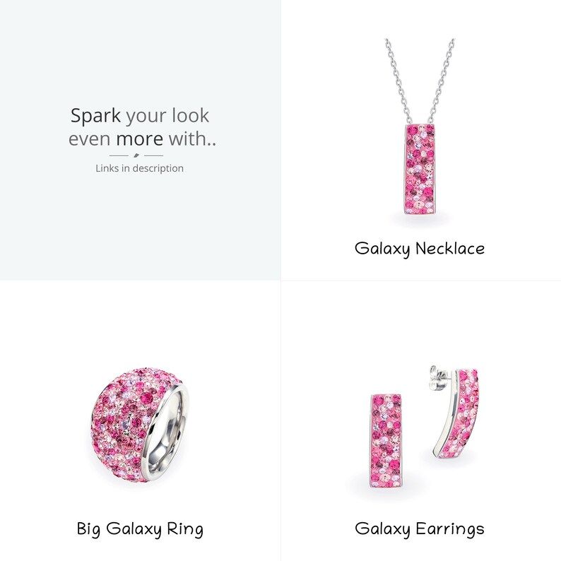 May include: A set of pink and silver jewelry featuring a necklace, ring, and earrings. The jewelry is decorated with small pink stones.
