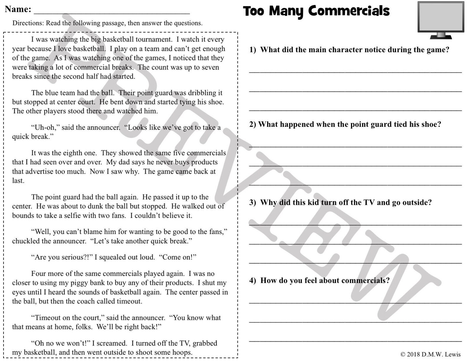 5 Basketball Fun Fiction Reading Comprehension Passages Funny Etsy