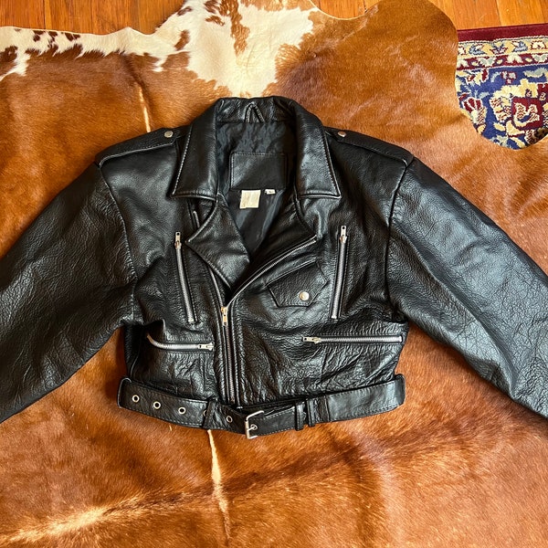 Vintage Black Leather Cropped Motorcycle Jacket Size Large