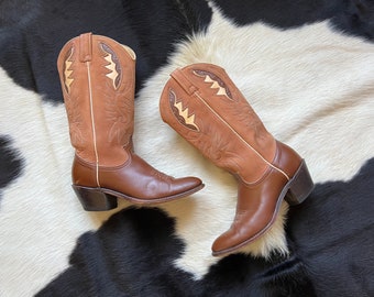 Vintage Inlay Two Tone Brown Western Boots Size 8-8.5W