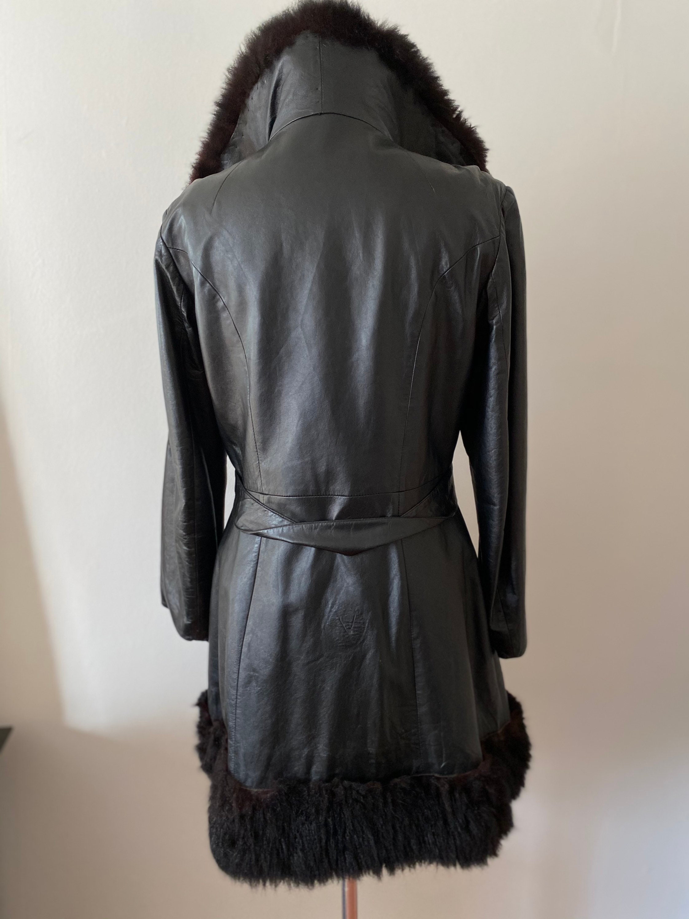 1960s Genuine Leather Fur Collar and Cuff Black Coat Womens | Etsy