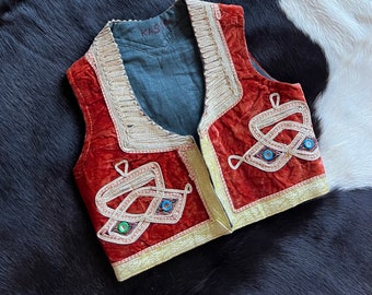 Children's Vintage 1960's Coral Velvet and Gold Embroidered Ottoman Vest Cropped Waistcoat