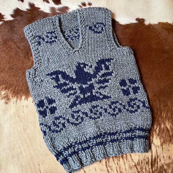 Vintage Cowichan Sweater Wool Hand-knit THUNDERBIRD Eagle Pacific NorthWest Toddler Vest Size 2T