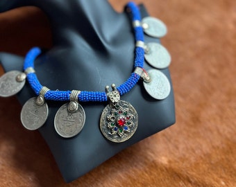 Vintage Ethnic Tribal Coin Pendant Necklace with Blue Beadwork