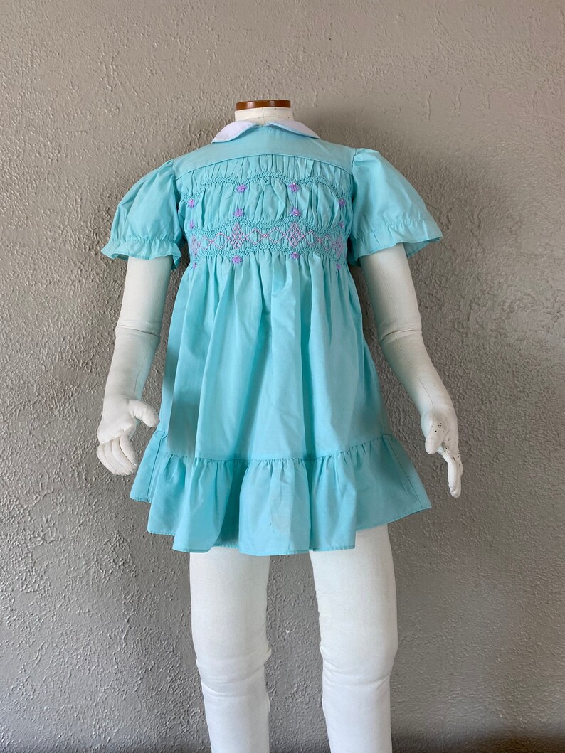Retro Kids Collared Dress Embroidered Smocked Bodice Size 4
