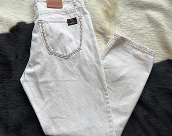 Vintage Mocassino Manager White Denim with Contrast Stitching 33 High Waist Straight Leg Jeans