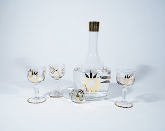 Vintage Glass Decanter Set with Three Glasses