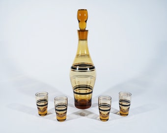 Amber Glass and Gold MCM Decanter Set