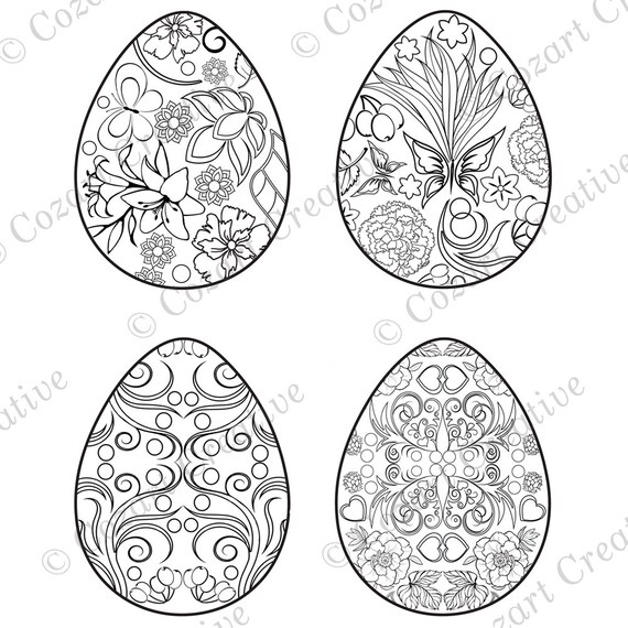 four pretty easter eggs to color coloring page designs with flowers  butterflies swirls and more easter coloring fun printable pdf