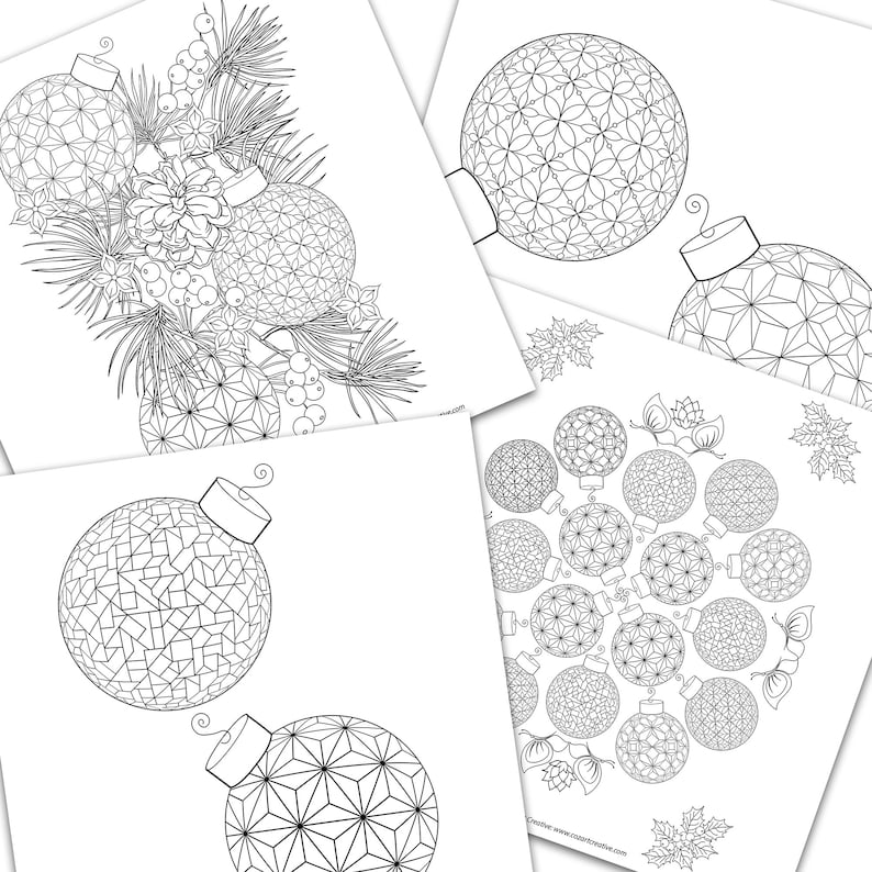 geometric pattern pinecone Christmas Relaxing coloring pages. mandala Holiday Ornament coloring pages 4-pack Save 10/% berries